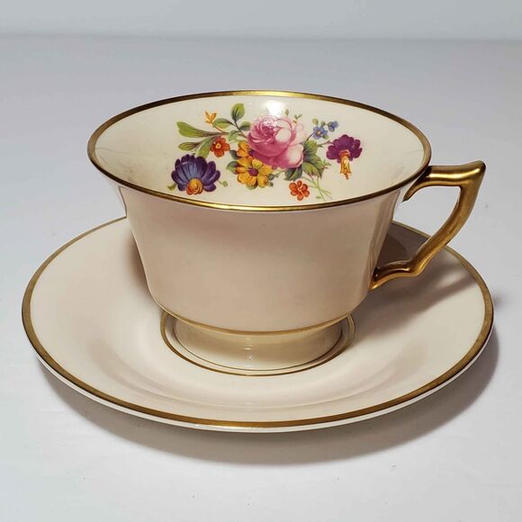 Syracuse China Teacup and Saucer Pink Blue Yellow Flowers Vintage - Picture 2 of 6
